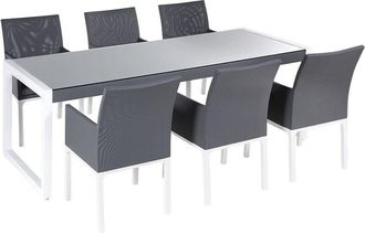 Beliani Modern Outdoor 7 Piece Garden Dining Set Grey Tempted Glass Tabletop Bacoli