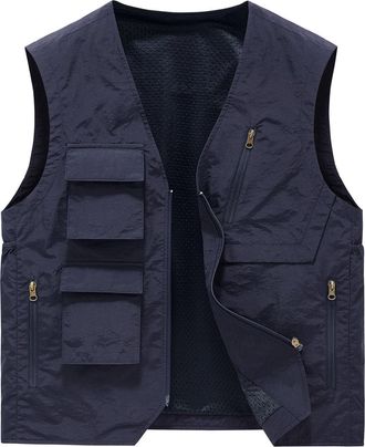 Generic Mens Safari Hiking Vest Mesh Thin Breathable Lightweight Gillet Camping Hunting Sportswear Sleeveless Jackets Fishing Photography Multi-Pocket Vest Ou