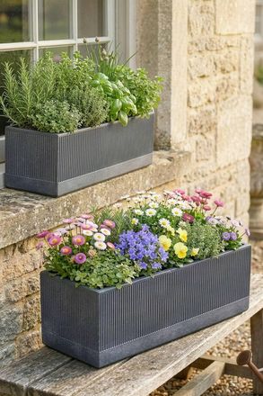 Dibor Set of 2 Charcoal Dusk Rib Fibreclay Summer Outdoor Garden Planters Plant Pots in Black | Size: Large