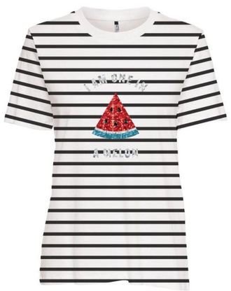 Only Kurzarmshirt ONLY ONLKITA S/S TEE JRS NOOS, Damen, Gr. XL, cloud dancer stripes:schwarz, sequin watermelon, Jersey, Obermaterial: 100% Baumwolle, gest