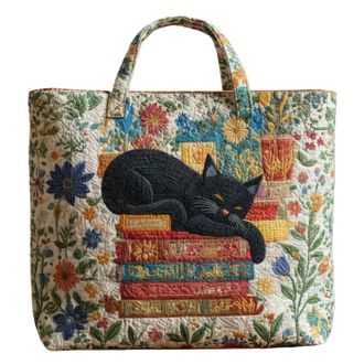 Generic Vintage Quilted Tote Bag,Cute Animals Print Cotton Shoulder Bag,Canvas Book Print Shoulder Bags for Vacation Shopping
