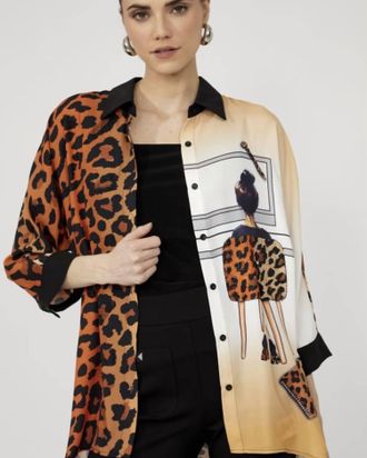 Frank Lyman Design Woven Leopard Print Blouse In Black/orange