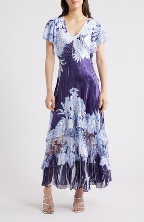 Komarov Flutter Sleeve Charmeuse & Chiffon Maxi Cocktail Dress in Indigo Tropics at Nordstrom, Size Large