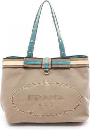 Prada Beige Green White Canvas Leather Tote Bag (Pre-Owned)