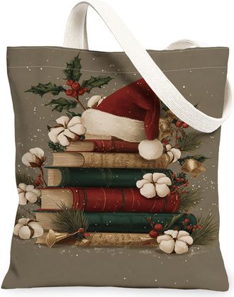 Generic Christmas Books Canvas Tote Bags, Holiday Floral Design Reusable Grocery Bags, Vintage Rustic Lightweight Washable Shoulder, Brown, 13x15 Inch