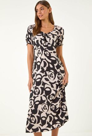 Roman Rose Print Ruched Midi Dress