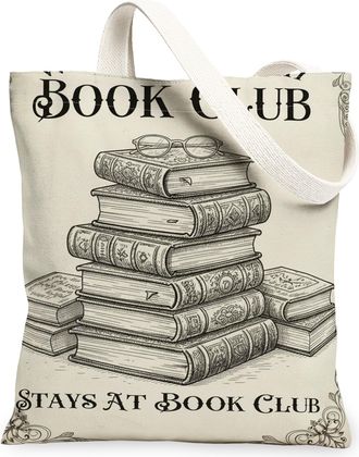 Generic Vintage Book Stack Canvas Tote Bags, Literary Design Pattern Reusable Grocery Bags, Classic Lightweight Washable Shoulder S, Beige, 13x15 Inch