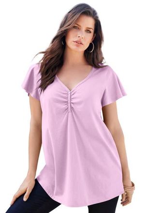 Roaman's Plus Size Cotton Ultimate Flutter Sleeve Sweetheart Tee in Pale Lavender at Nordstrom, Size 36