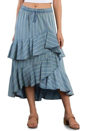 Wash Lab Denim Moonlit Ruffle Midi Skirt in Denim Cabana Stripe at Nordstrom, Size X-Small