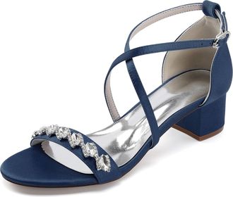 Generic Wedding Sandals Womens Chunky Open Toe Bridal Dress Low Heels Prom Party Dress Shoes 4.5Cm,Dark Blue,6 UK