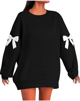 Generic Womens Oversized Sweatshirts 3D Bow Trim Crewneck Long Sleeve Pullover Casual Loose Tops(Black, XXXXXL)