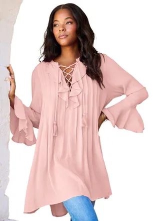 Roaman's Hand Crinkled Ruffle Pintuck Tunic in Soft Blush at Nordstrom, Size 28