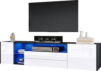 STILVORA Mueble Tv Con 2 Cajones, 2 Armarios Y Led, Frontal Alto Brillo, Sal&oacute;n, En Tablero De Part&iacute;culas, Blanco Y Negro, 180&times;40&times;45 Cm
