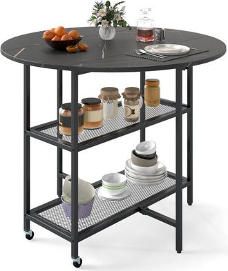 Costway 100cm Round Kitchen Table Modern Dining Table w/Drop Leaf Tabletop-Black