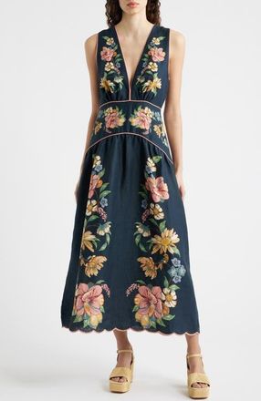 Farm Rio Maria Floral Jacquard Linen Dress in Maira Floral Dark Blue at Nordstrom, Size Xx-Small