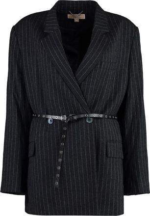 Michael Kors Jassen, Dames, Grijs, M, Wol, Gestreepte wollenmix blazer met ceintuur en dubbele knoopsluiting