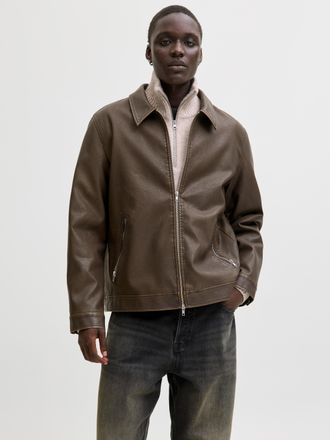 Jack & Jones Bikerjacke JACK & JONES JJECASABLANCA PU JACKET NOOS, Herren, Gr. XXL, chocolate braun, Web, Obermaterial: 100% Polyester, unifarben, regular fit, Jac