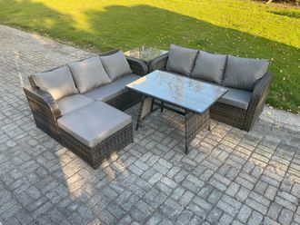 Fimous Garden Furniture Sofa Set Rectangular Dining Table Big Footstool Side Table Indoor Outdoor 7 Seater Rattan Set in Dark Grey