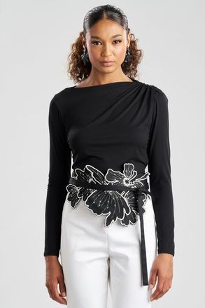 Natori Cotton Chino Embroidered Obi Belt in Black at Nordstrom