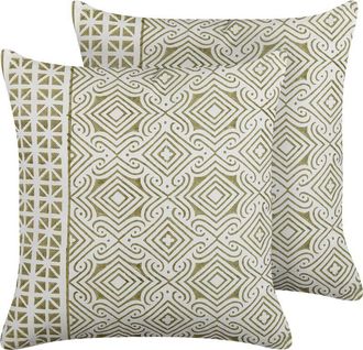 Beliani Conjunto De 2 Cojines De Algod&oacute;n Verde Claro Blanco 45 X 45 Cm Cremallera Larics