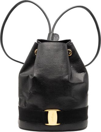 Ferragamo Pre-owned Ferragamo Lizard Embossed Leather Vara Bow Drawstring Backpack Ladies EMTMEE0P3ENKRLBQ