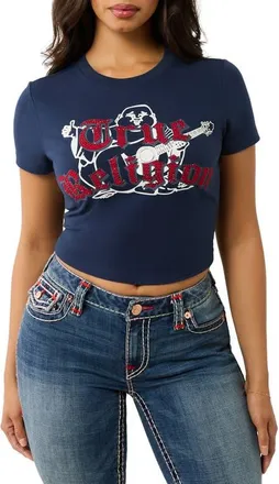 True Religion Rhinestone Logo Baby Tee in Dress Blue at Nordstrom, Size Small