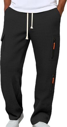 Generic Waffle Trousers Men cargo trousers for men uk Elastic Waist Drawstring Solid Colour Baggy Wide Leg Sweatpants with Pockets Loose Casual Lounge Pants M