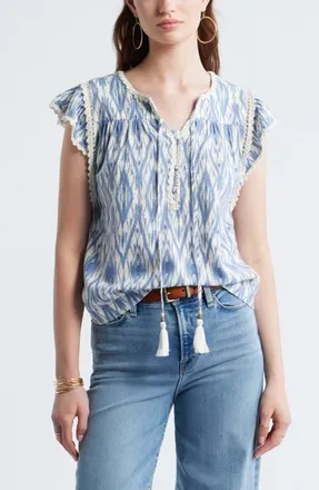 Treasure & Bond Crochet Trim Linen Blend Top in Ivory- Blue Diamond Ikat at Nordstrom, Size Xx-Small