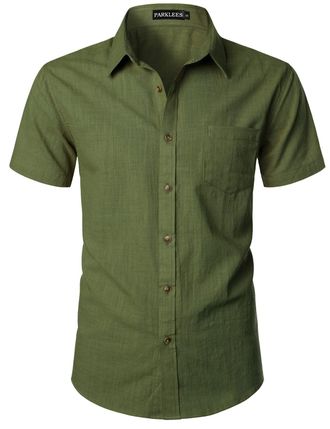 PARKLEES Mens Fitted Cotton Linen Casual Short Sleeve Button Up Shirts Lightweight Beach Tops with Pocket EU-PZLSC34-Olive Green XXX-Large