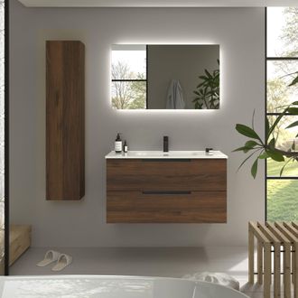 Cygnus Bath Mueble De Ba&ntilde;o Leni 100cm Nogal 2 Cajones Lavabo 1 Poza Porcelana