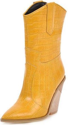 Generic Womens Winter Chunky Heel High Heel Mid Calf Boots 8cm Geometric Heel Sexy Ankle Boots With Fish Scale PU Upper(Gelb,10.5)
