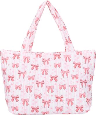 Generic Women Floral Puffy Padded Tote Shoulder Bag Large Capacity Daily Use (Pink Bow) (style2)