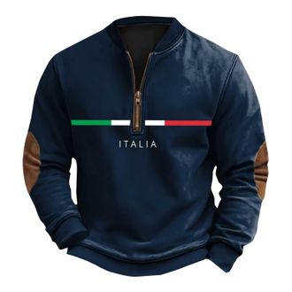 Generic Mens Zip Up Jumper - Casual Fashion Italian Flag Print Zipper Neckline Sweater Plain Long Sleeve Hoodless Sweatshirt Winter Retro Trend Jumper Loose F
