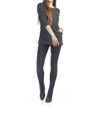 Papillon Rib Design Tab Sleeve Sweater With Pocket In Charcoal