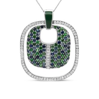 House of Brilliance 925 Sterling Silver Green Enamel Pendant with 1/2 Cttw Diamond, Sapphire, and Tsavorite Openwork Statement 18 Pendant Necklace