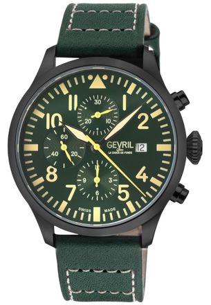 Gevril Group Mens Vaughn Chronograph Green Dial Leather Swiss Automatic ETA 7750 Watch - One Size