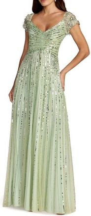 Mac Duggal Striped Sequin Mesh Gown With Beaded Shoulders in Sage at Nordstrom, Size 10