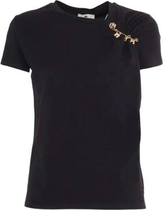 Elisabetta Franchi Tops, Dames, Zwart, M, Katoen, Zwarte Katoenen Jersey T-shirt met Korte Mouwen