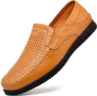 Generic Mens Loafers Genuine Leather Round Toe Stitching Details Perforated Option Breathable Flat Heel Slip Resistant Comfortable Wedding Prom Slip-ons(Yello