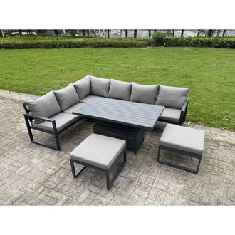 Fimous 8 Seater Aluminum Conversational Set with Lifting Table & 2 Big Stools in Dark Grey