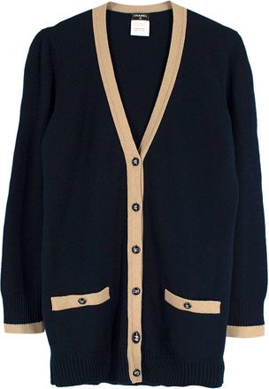 Chanel Contrast Trim Navy Cashmere Longline Cardigan Size XL