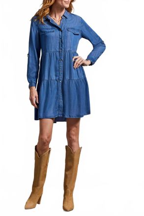 Tribal Chambray Roll Sleeve Dress In Blue