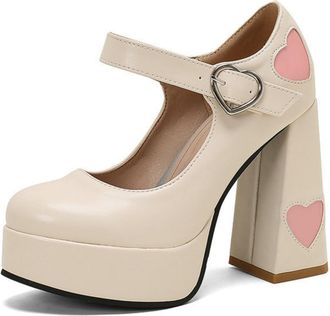 Generic Womens Platform Chunky Heel Mary Jane Shoes Spring and Autumn Heels Bridal Party Dress Pumps,Beige,1.5 UK