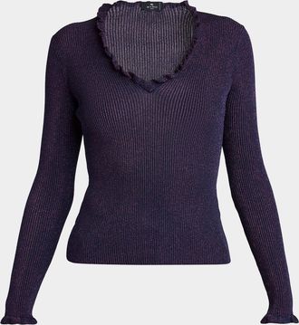 Etro Metallic Ruffle Rib-Knit V-Neck Top