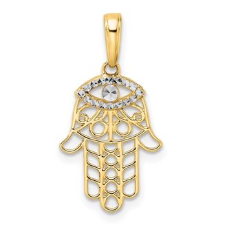 Diamond2Deal 14k Yellow Gold & White Rhodium Diamond-Cut Evil Eye Hamsa Pendant