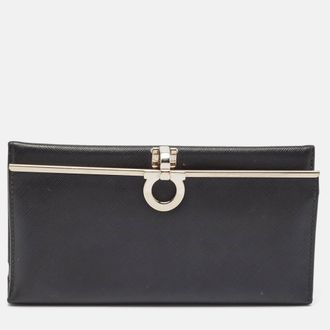 Ferragamo Black Leather Gancini Clasp Continental Wallet