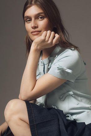 Maeve Short-Sleeve Bow Appliqu&eacute; Cardigan Sweater