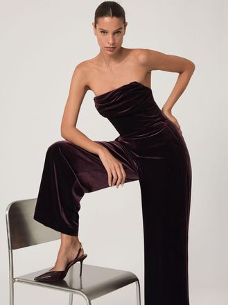 Reiss Burgundy Petite Velvet Drape Strapless Jumpsuit, 14