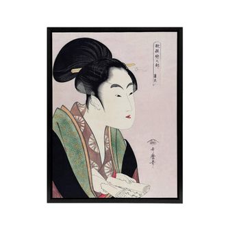 Artery8 Woman Reading Scroll Portrait Framed Canvas Wall Art Print Kitagawa in Pink | Size: W24 x H32