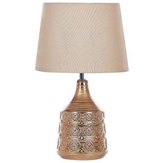 Beliani Beliani - L&aacute;mpara De Mesa De Cer&aacute;mica Marr&oacute;n Dorado Pantalla Beige 47 Cm Patr&oacute;n Geom&eacute;trico Retro Sala De Estar Dormitorio Wari